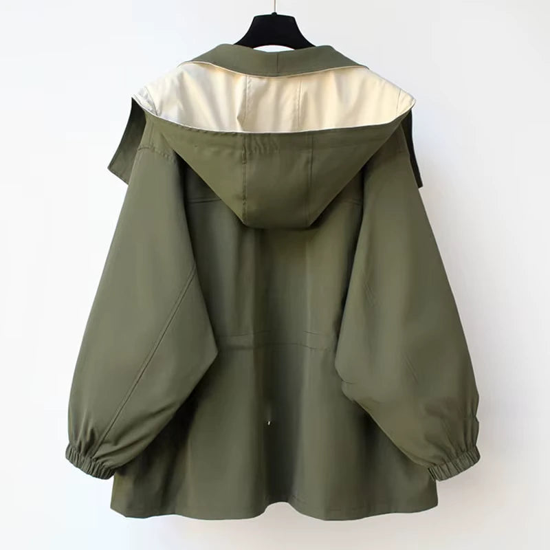 Women's Hooded Rain Jacket with Adjustable Waist and Snap Closure