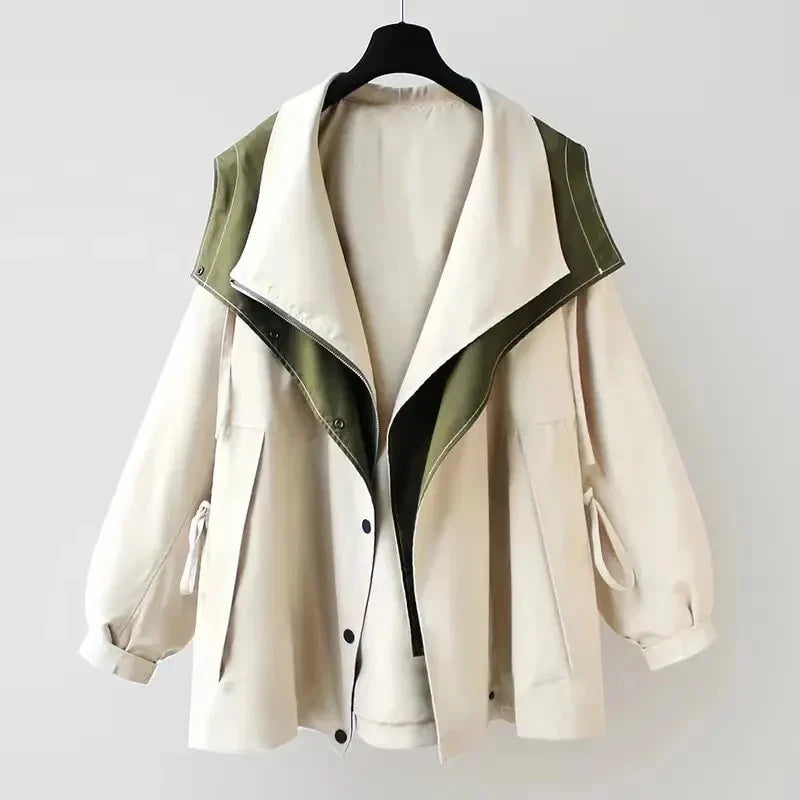 Women's Hooded Rain Jacket with Adjustable Waist and Snap Closure