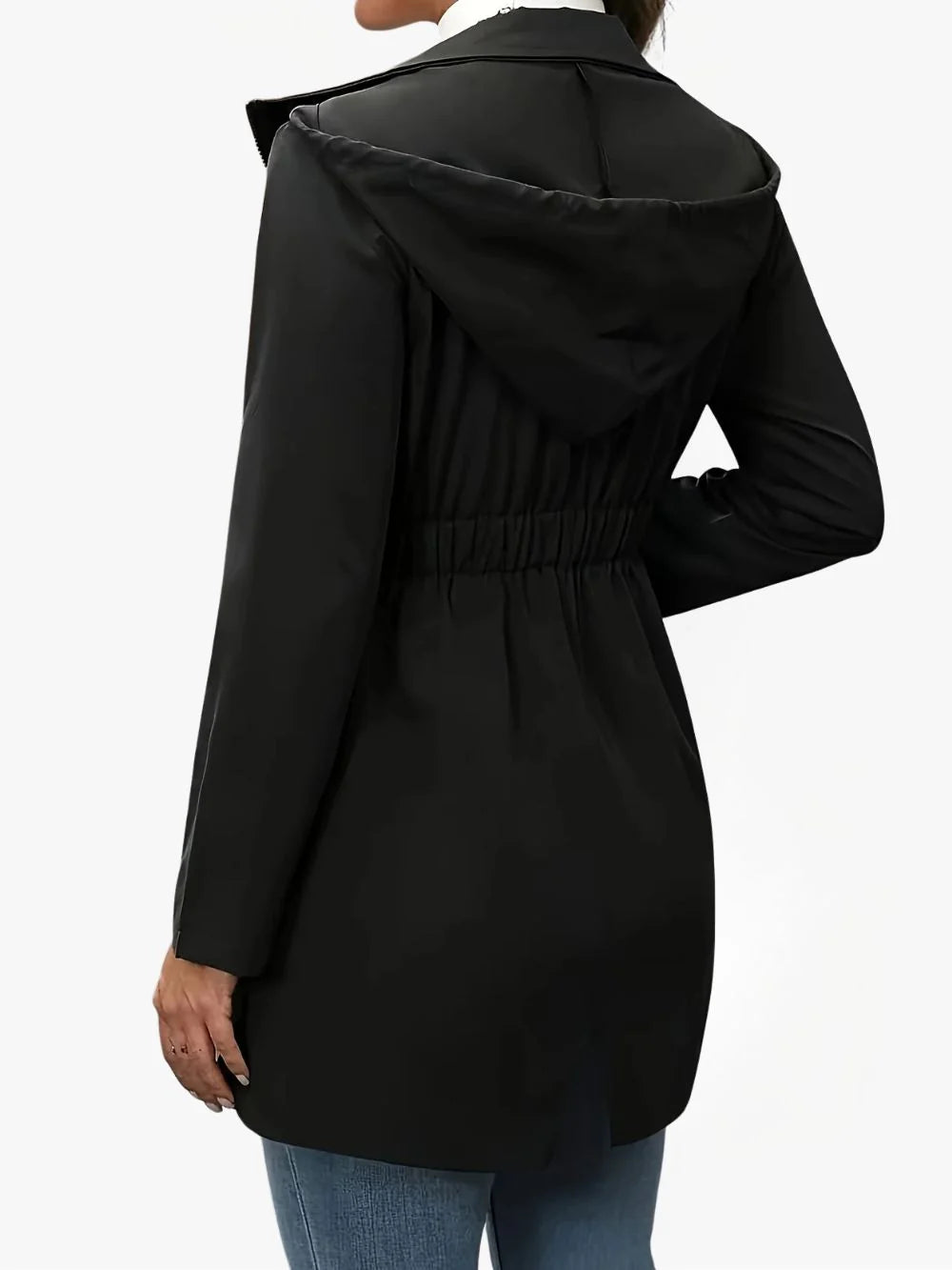 Women's Hooded Rain Jacket with Elasticated Waist and Zip Closure