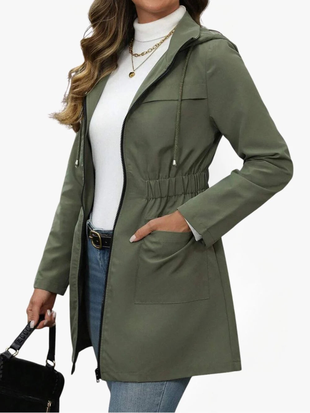 Women's Hooded Rain Jacket with Elasticated Waist and Zip Closure