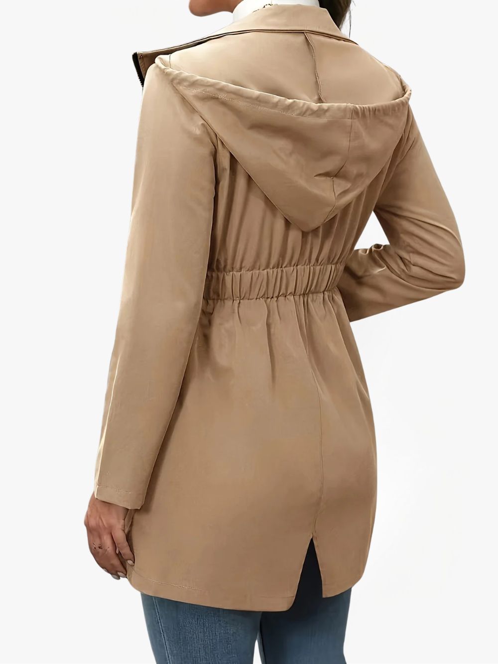 Women's Hooded Rain Jacket with Elasticated Waist and Zip Closure