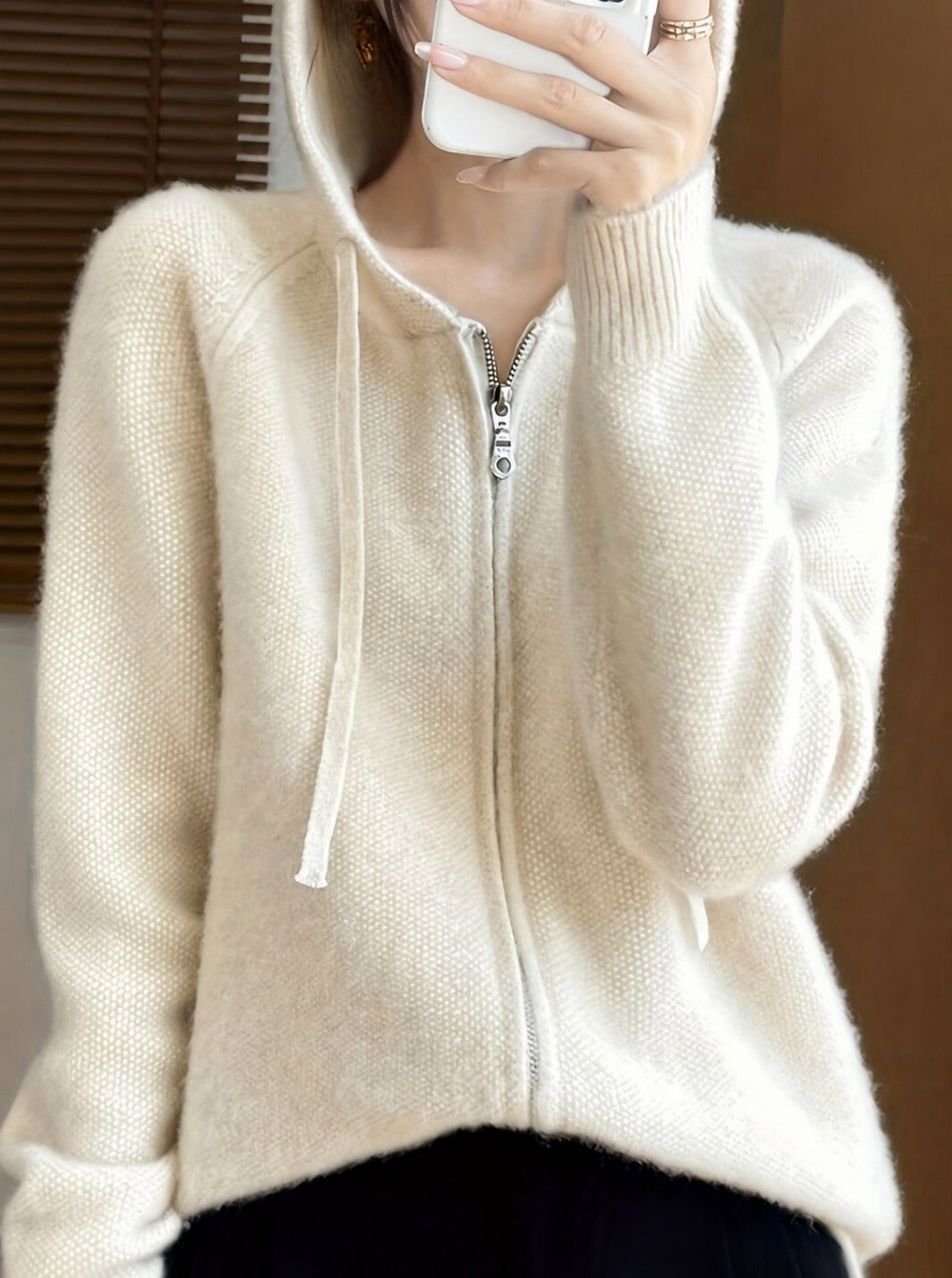 Women's Hooded Zip Knit Cardigan with Drawstring