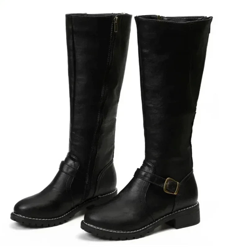 Women’s Knee-High Boots with Buckle Detail and Low Heel