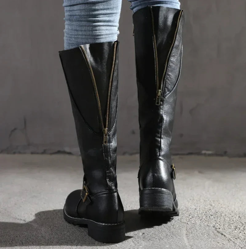 Women’s Knee-High Boots with Buckle Detail and Low Heel