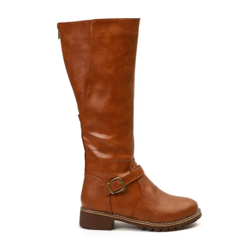 Women’s Knee-High Boots with Buckle Detail and Low Heel