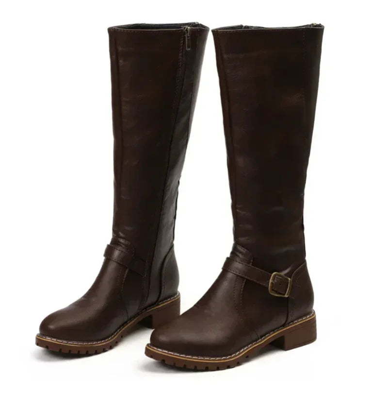 Women’s Knee-High Boots with Buckle Detail and Low Heel