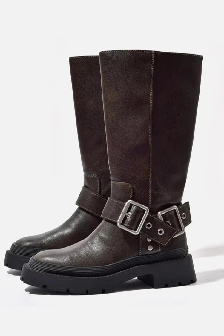 Women’s Knee-High Faux Leather Boots with Buckle Detail