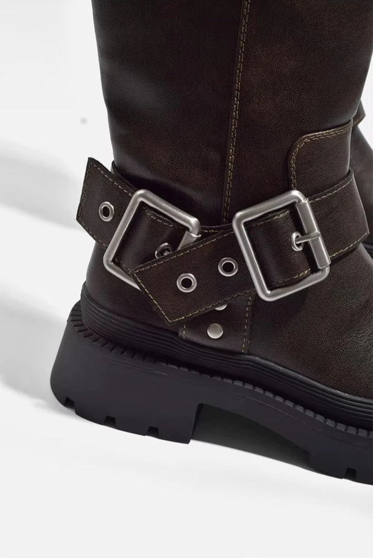 Women’s Knee-High Faux Leather Boots with Buckle Detail