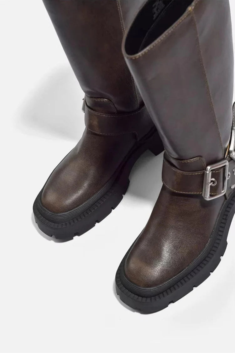 Women’s Knee-High Faux Leather Boots with Buckle Detail