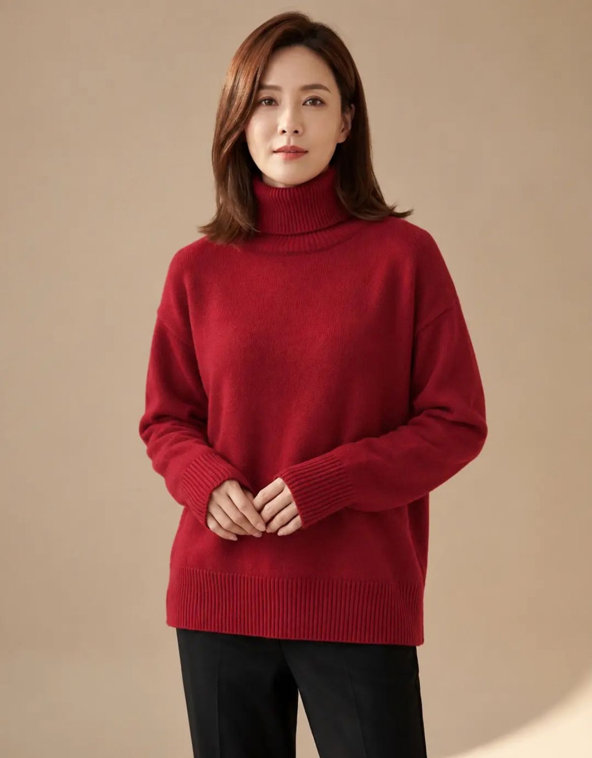 Women's Knit Turtleneck Jumper with Ribbed Detail and Oversized Fit