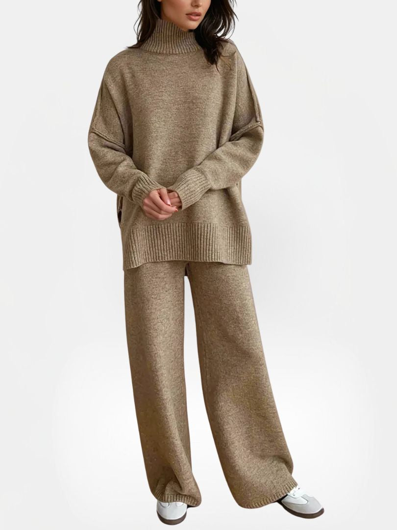Women's Knitted Set with Turtleneck Jumper and Wide Leg Trousers