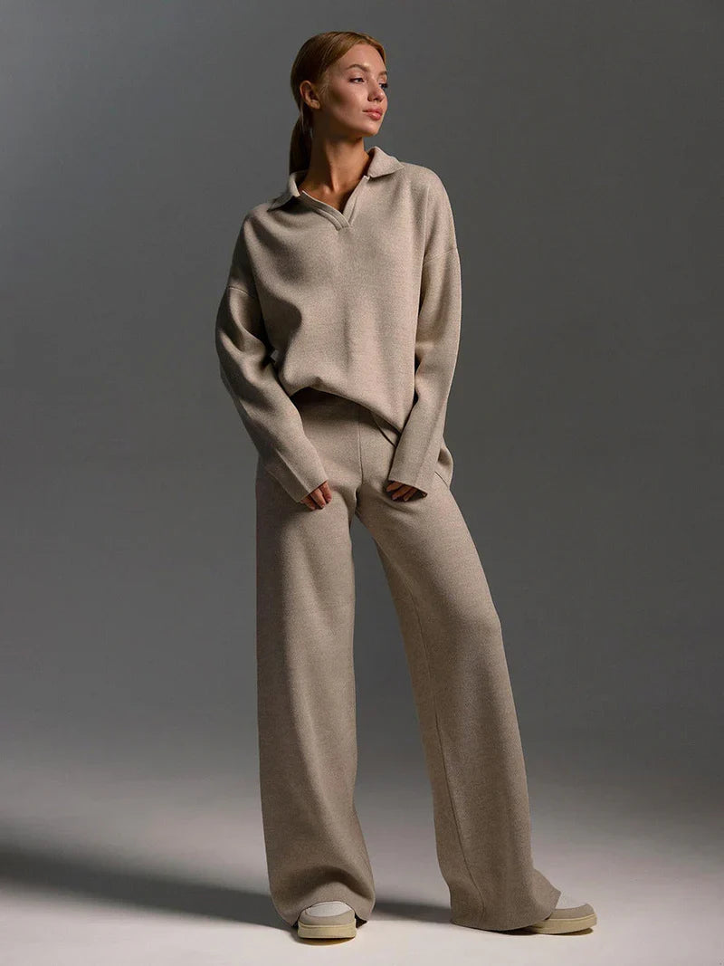 Women's Knitted Set with V-Neck Jumper and Wide Leg Trousers