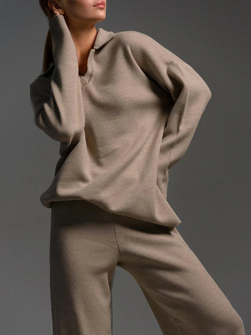 Women's Knitted Set with V-Neck Jumper and Wide Leg Trousers