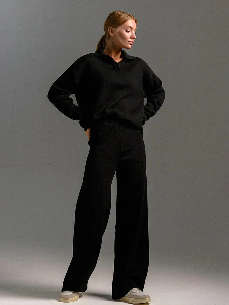 Women's Knitted Set with V-Neck Jumper and Wide Leg Trousers
