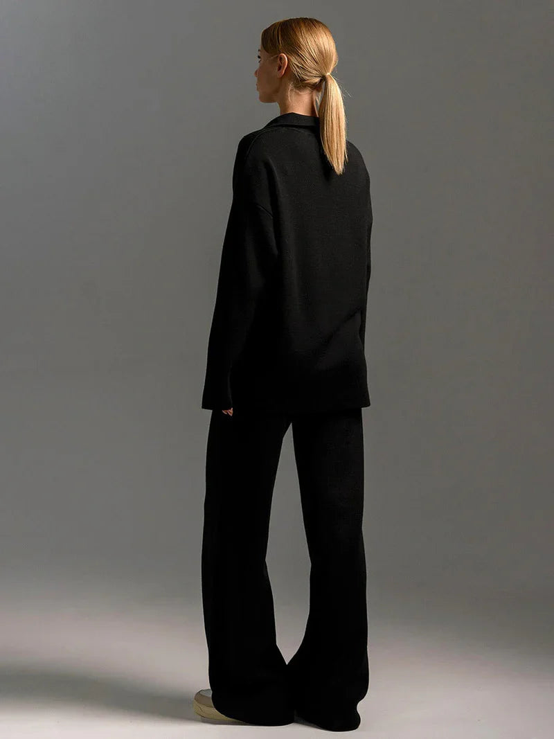 Women's Knitted Set with V-Neck Jumper and Wide Leg Trousers