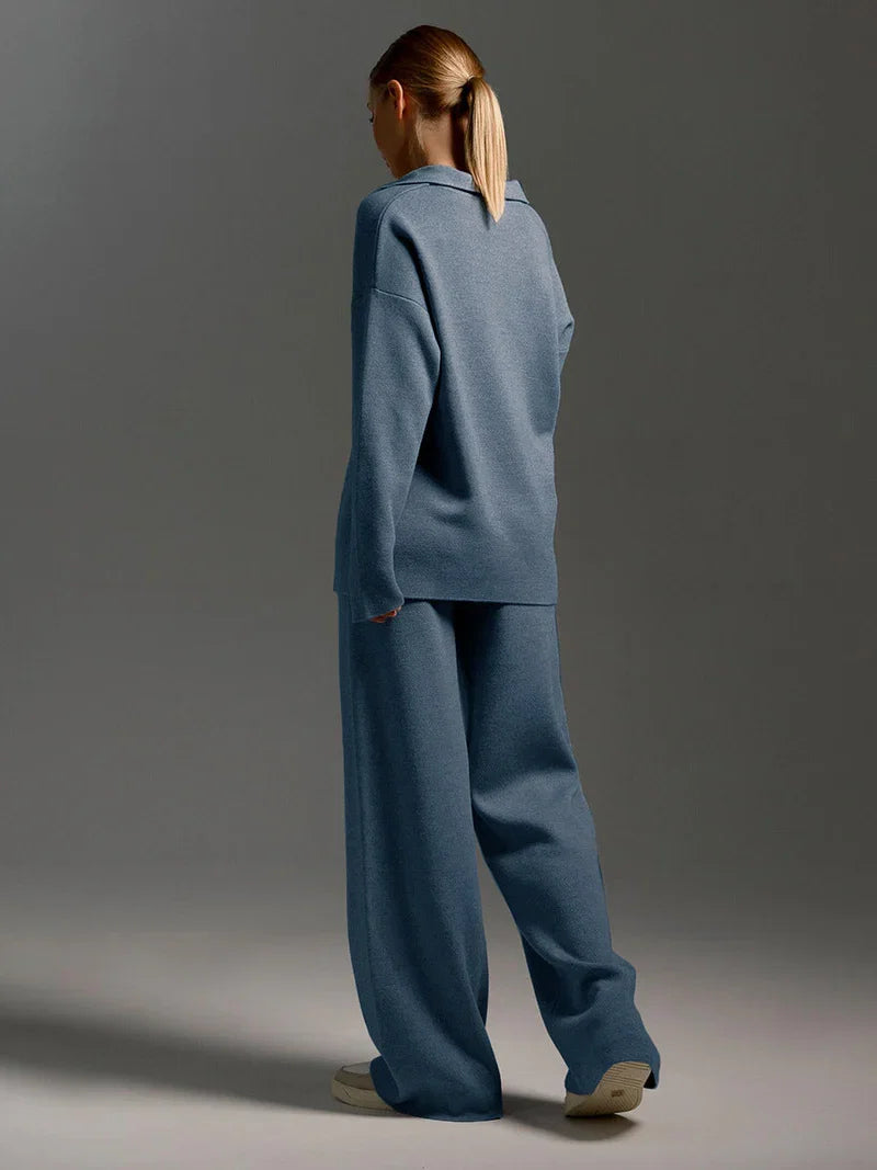 Women's Knitted Set with V-Neck Jumper and Wide Leg Trousers