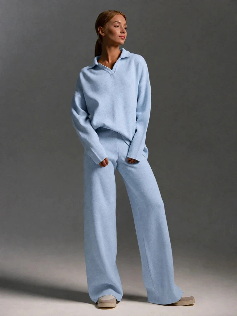 Women's Knitted Set with V-Neck Jumper and Wide Leg Trousers