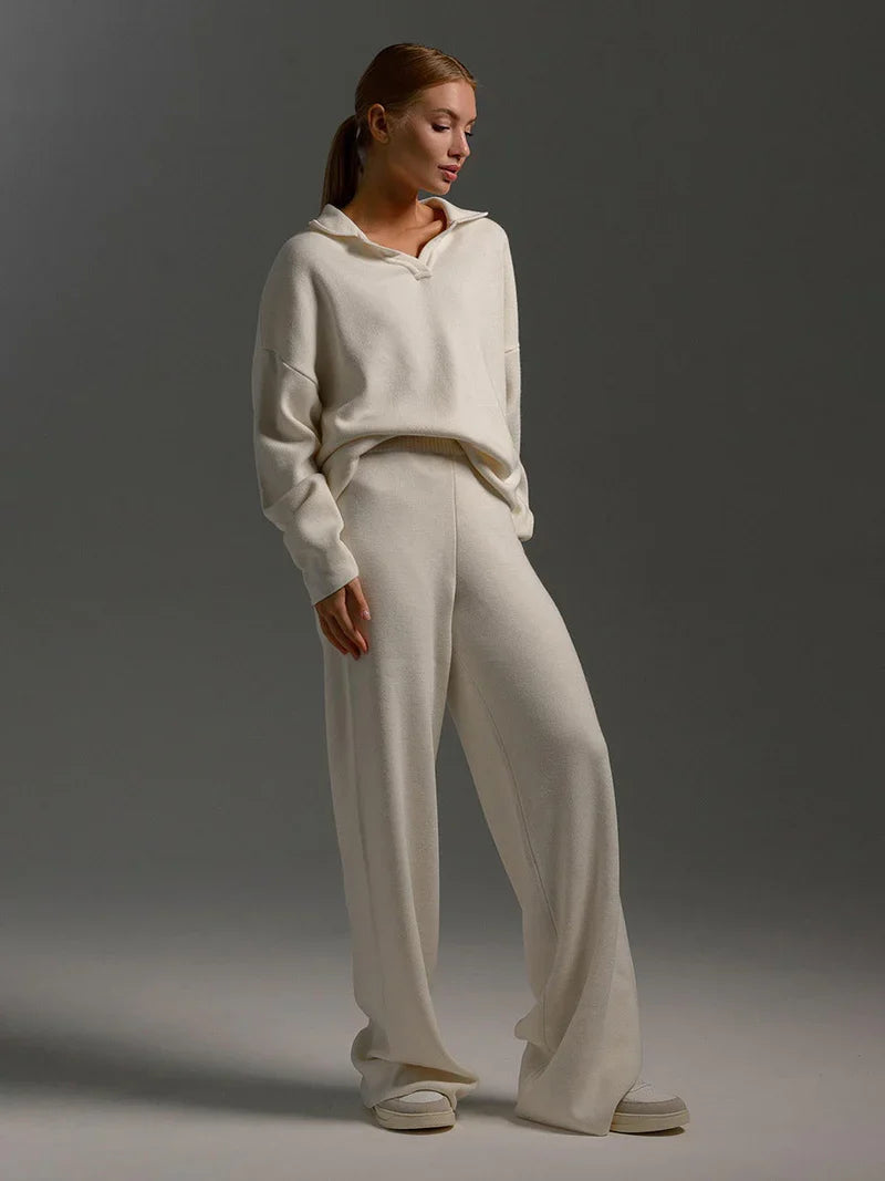 Women's Knitted Set with V-Neck Jumper and Wide Leg Trousers