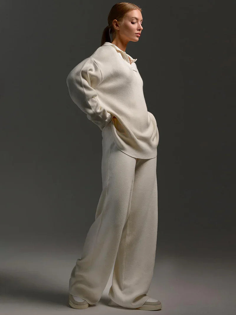 Women's Knitted Set with V-Neck Jumper and Wide Leg Trousers