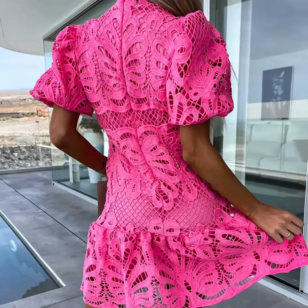 Women’s Lace Cocktail Dress with Puff Sleeves