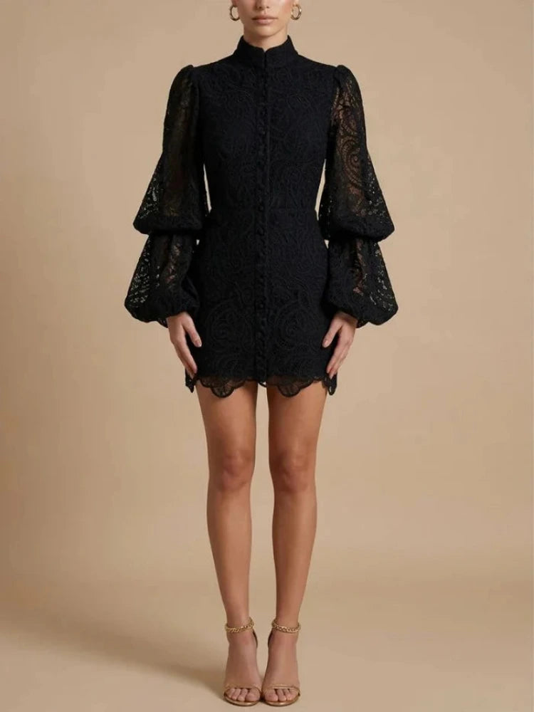 Women's Lace Set with High Neck Top and Mini Skirt