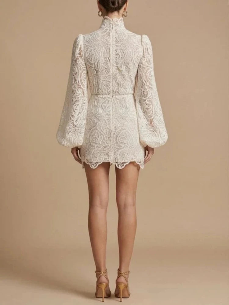 Women's Lace Set with High Neck Top and Mini Skirt
