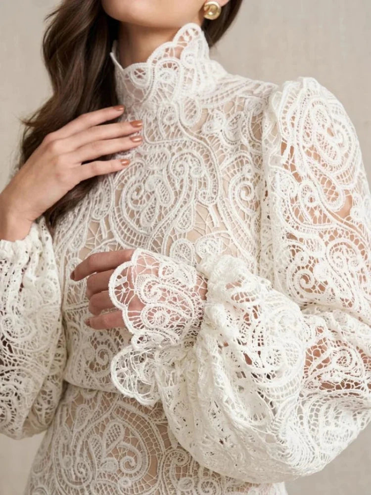 Women's Lace Set with High Neck Top and Mini Skirt