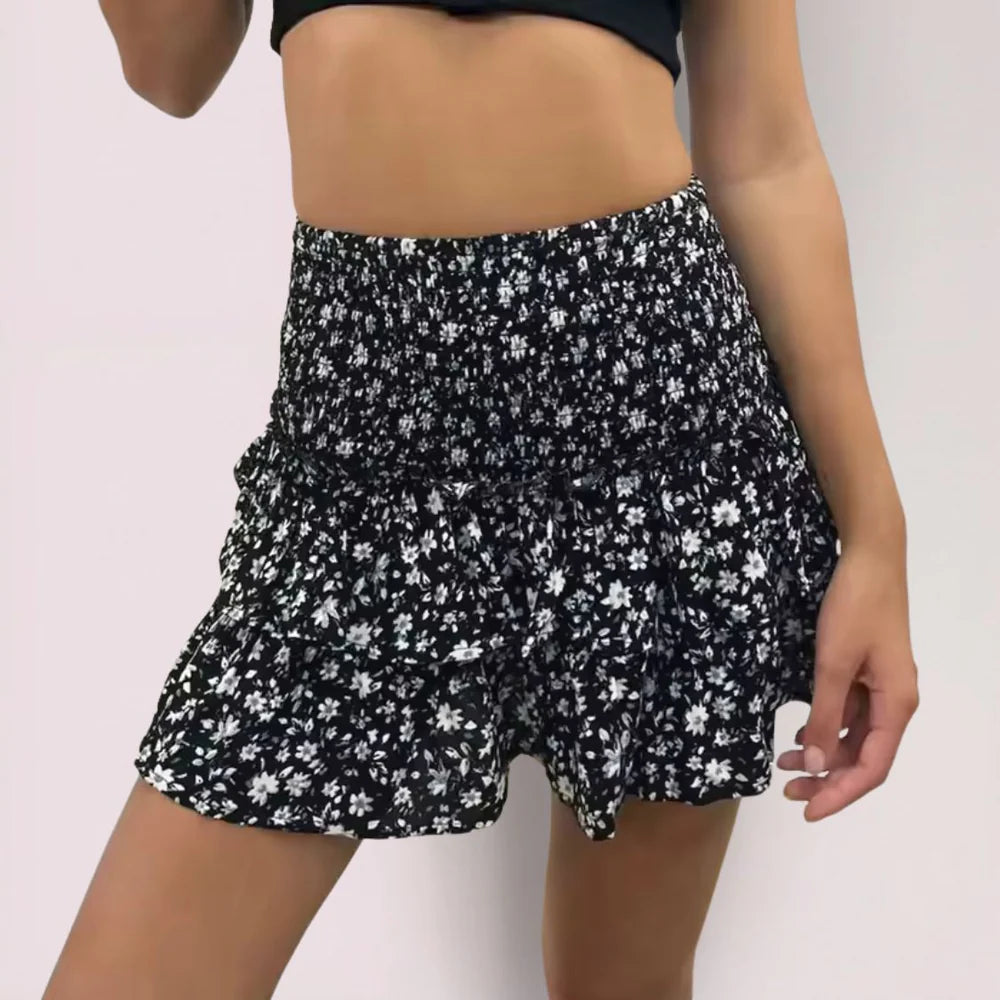 Women's Layered Mini Skirt with Print and Elasticated Waist