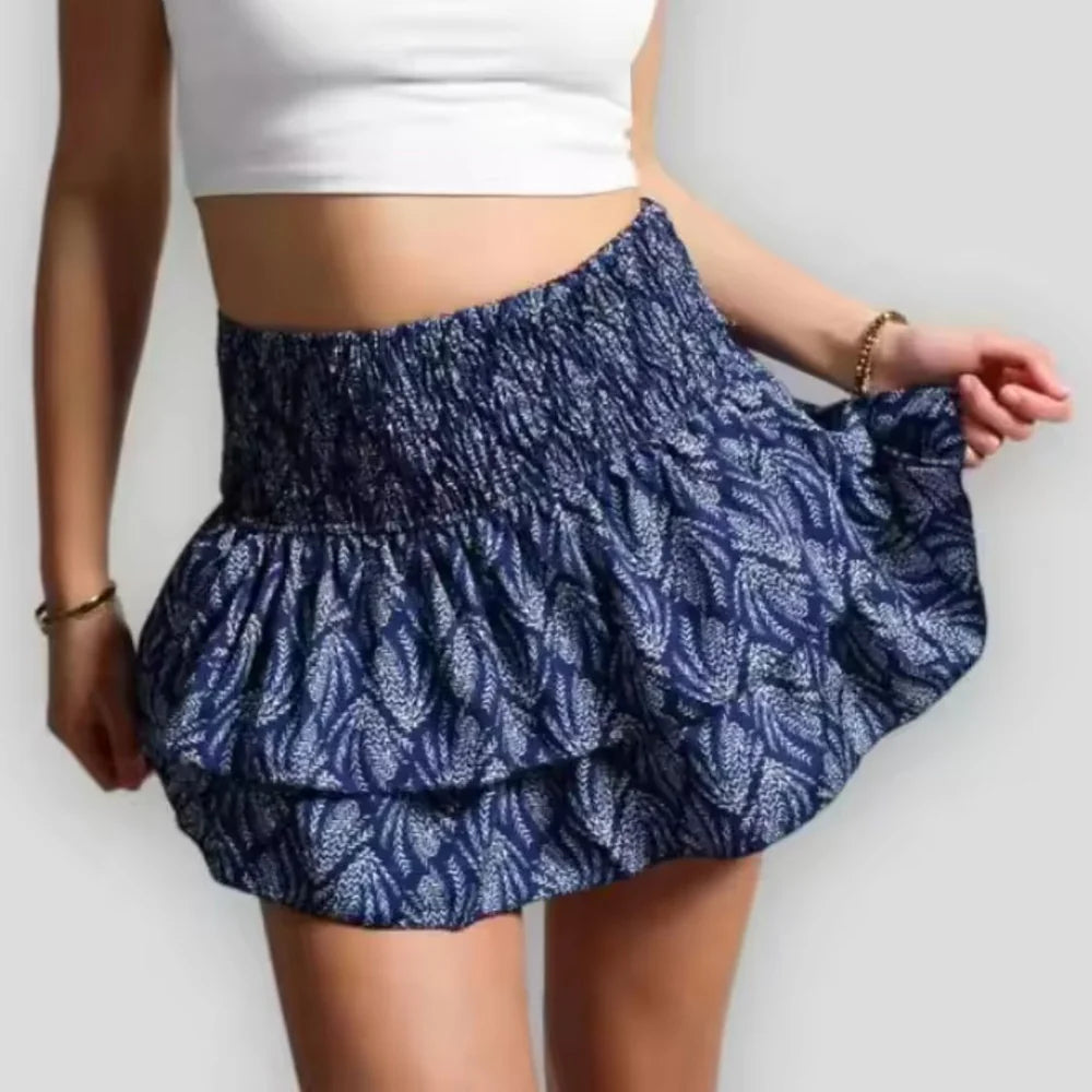 Women's Layered Mini Skirt with Print and Elasticated Waist