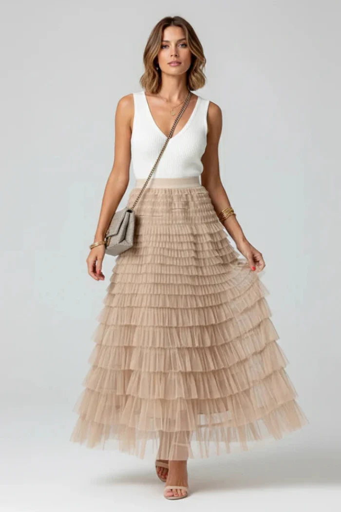Women's Layered Tulle Maxi Skirt with Elasticated Waist