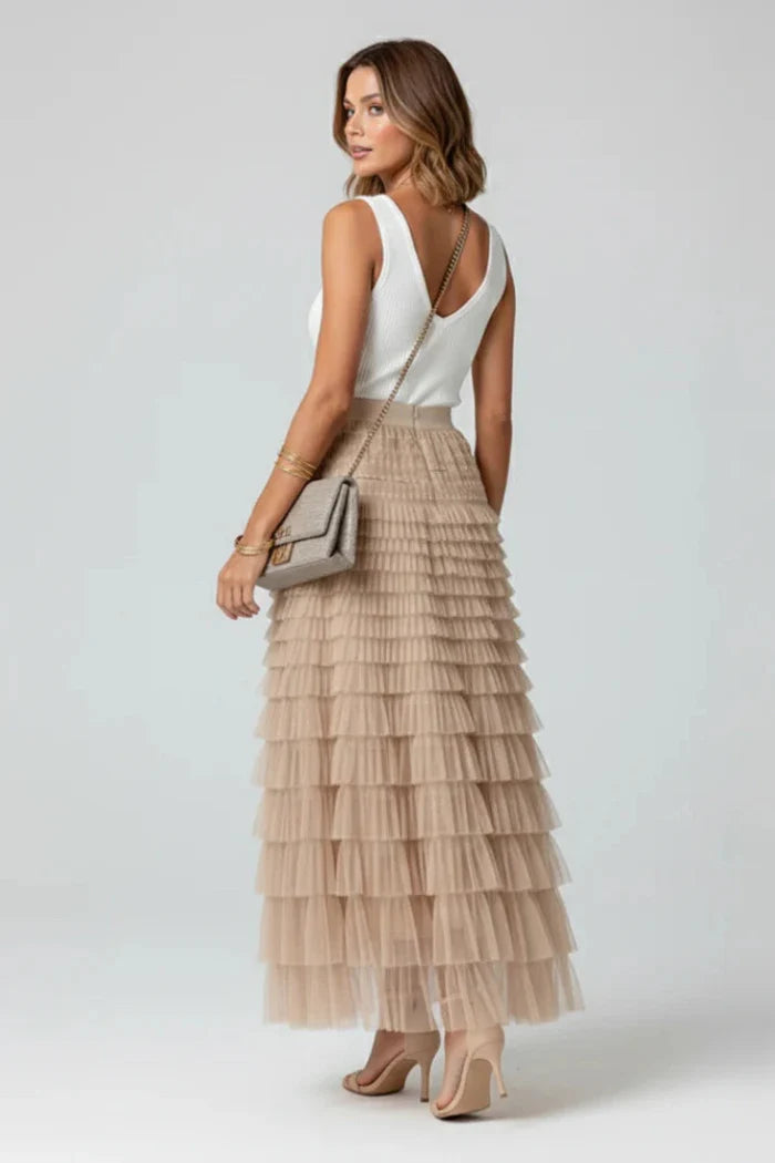 Women's Layered Tulle Maxi Skirt with Elasticated Waist