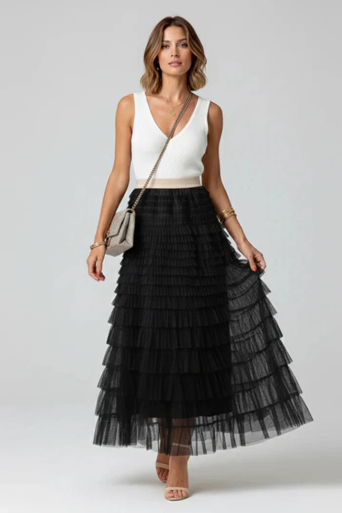 Women's Layered Tulle Maxi Skirt with Elasticated Waist