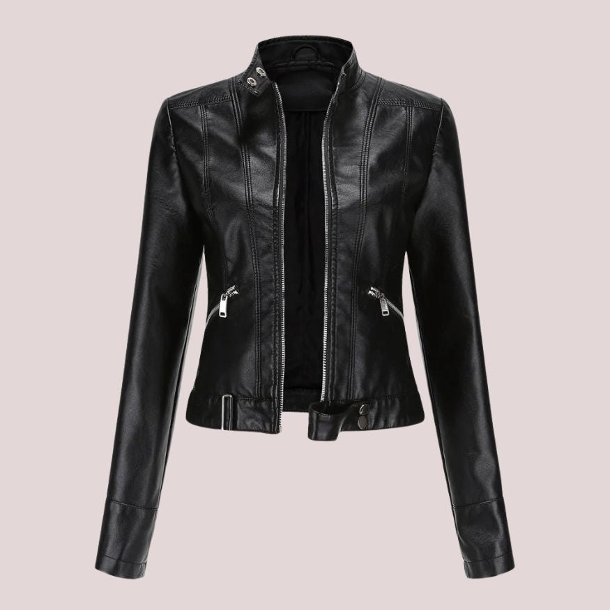 Women’s Leather Jacket with Zip Closure and Belt Detail