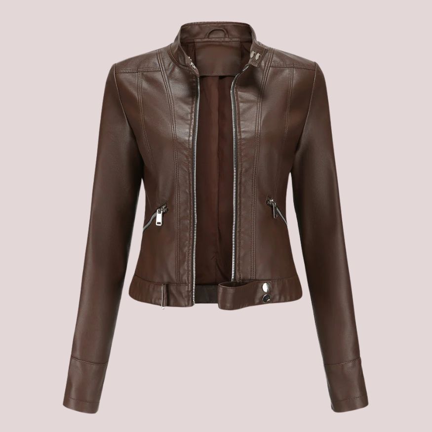 Women’s Leather Jacket with Zip Closure and Belt Detail