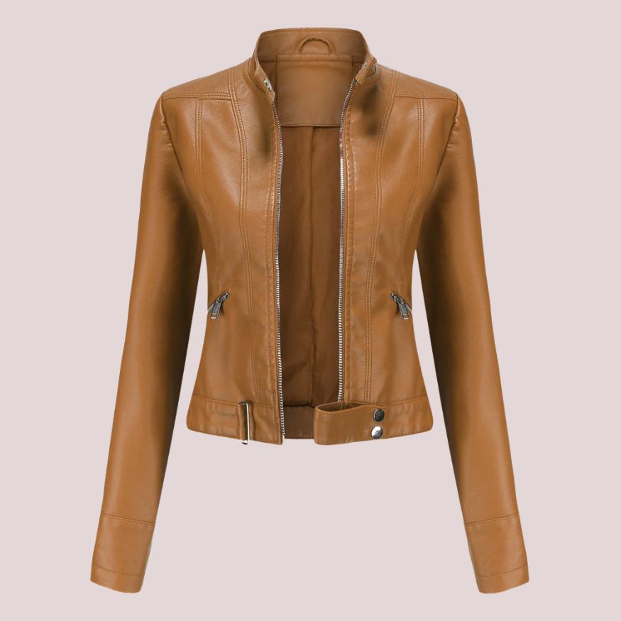 Women’s Leather Jacket with Zip Closure and Belt Detail