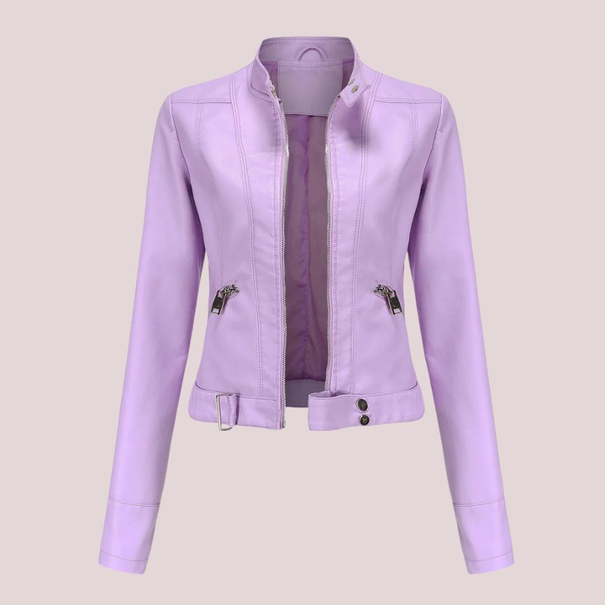 Women’s Leather Jacket with Zip Closure and Belt Detail