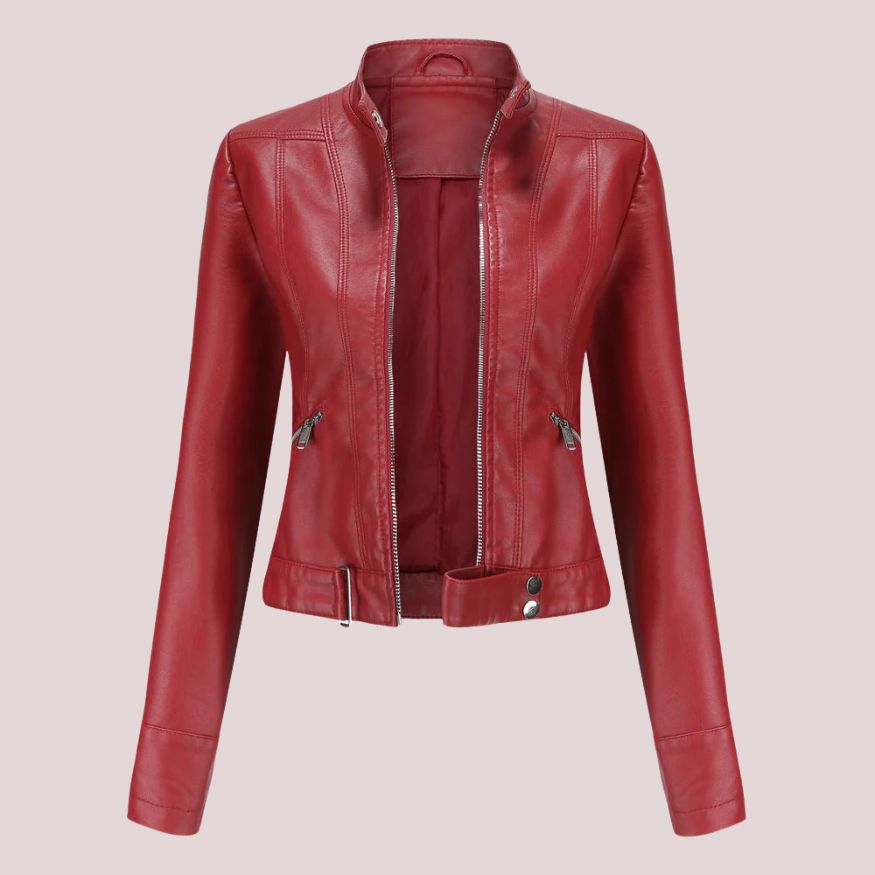 Women’s Leather Jacket with Zip Closure and Belt Detail
