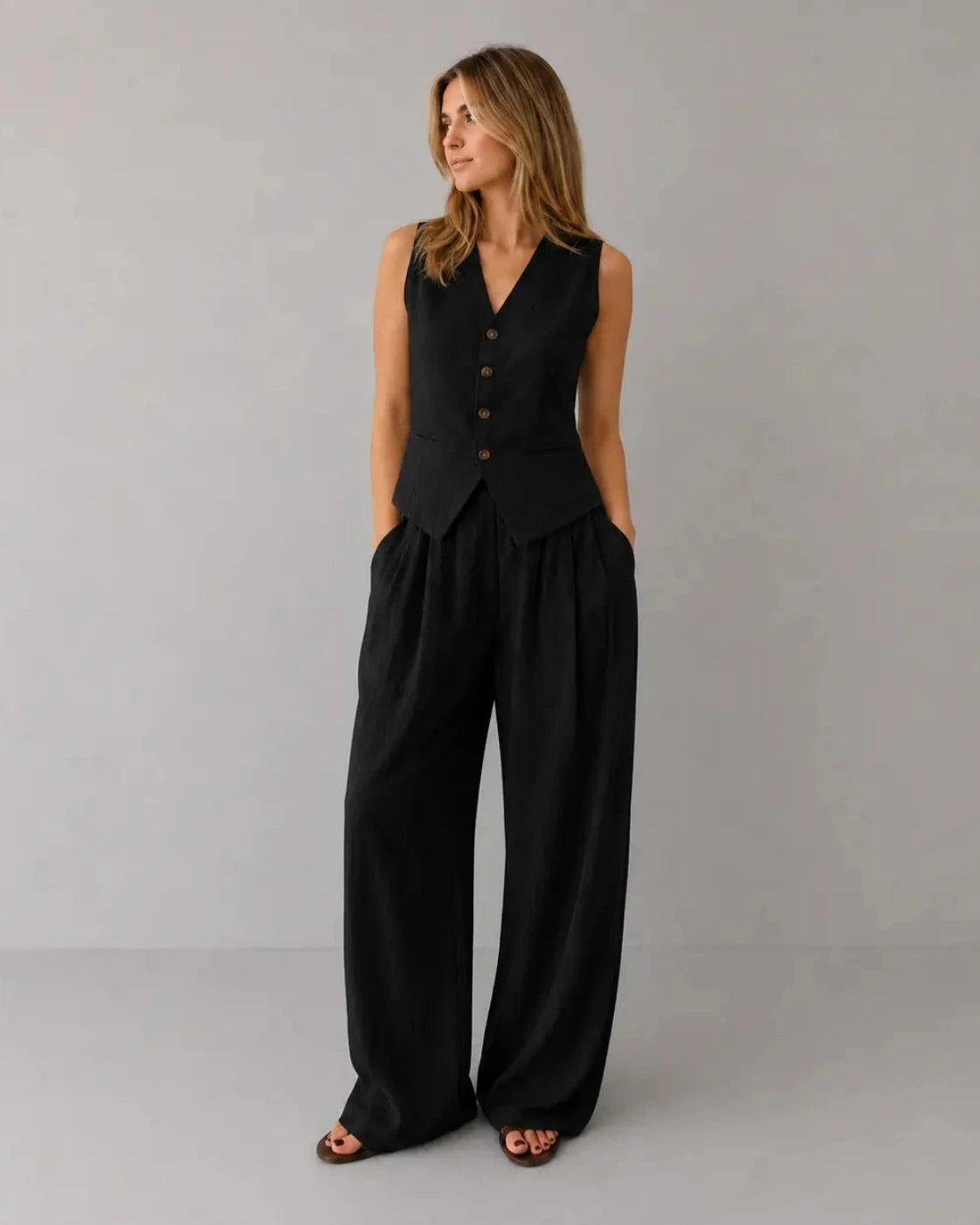 Women's Linen Mix Set with Waistcoat and Wide Leg Trousers