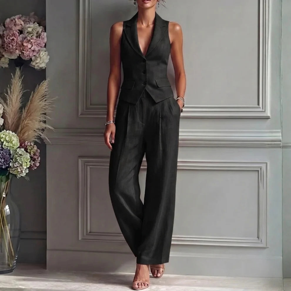 Women's Linen Set with Waistcoat and Wide Leg Trousers