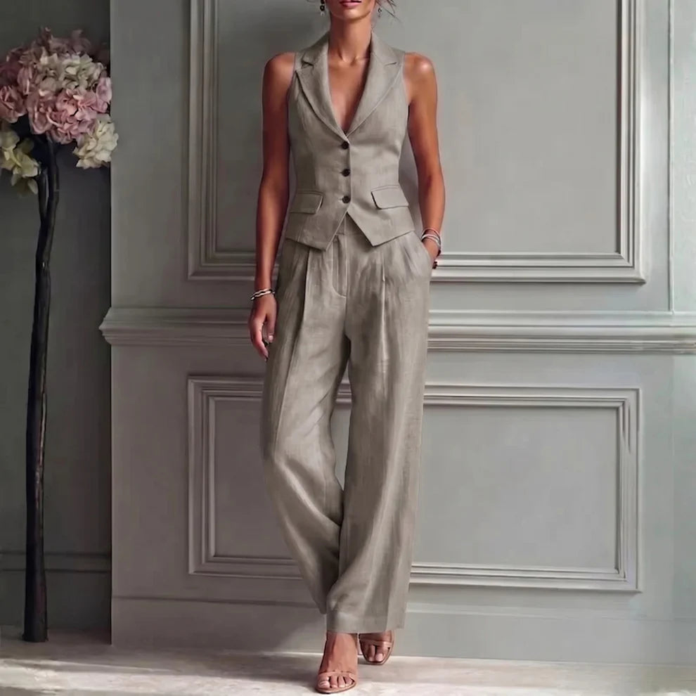 Women's Linen Set with Waistcoat and Wide Leg Trousers