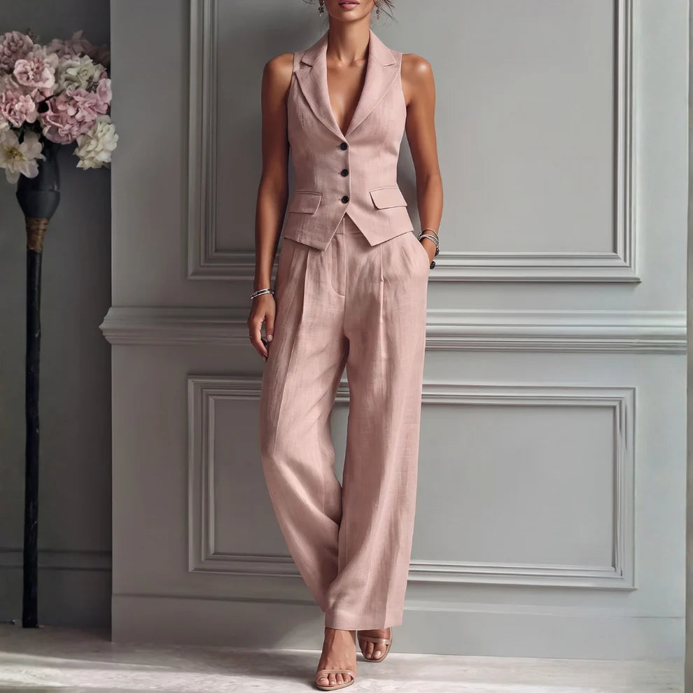 Women's Linen Set with Waistcoat and Wide Leg Trousers
