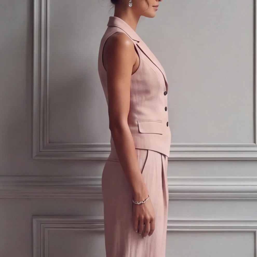 Women's Linen Set with Waistcoat and Wide Leg Trousers