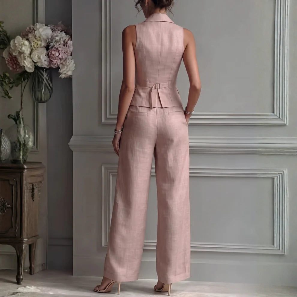 Women's Linen Set with Waistcoat and Wide Leg Trousers