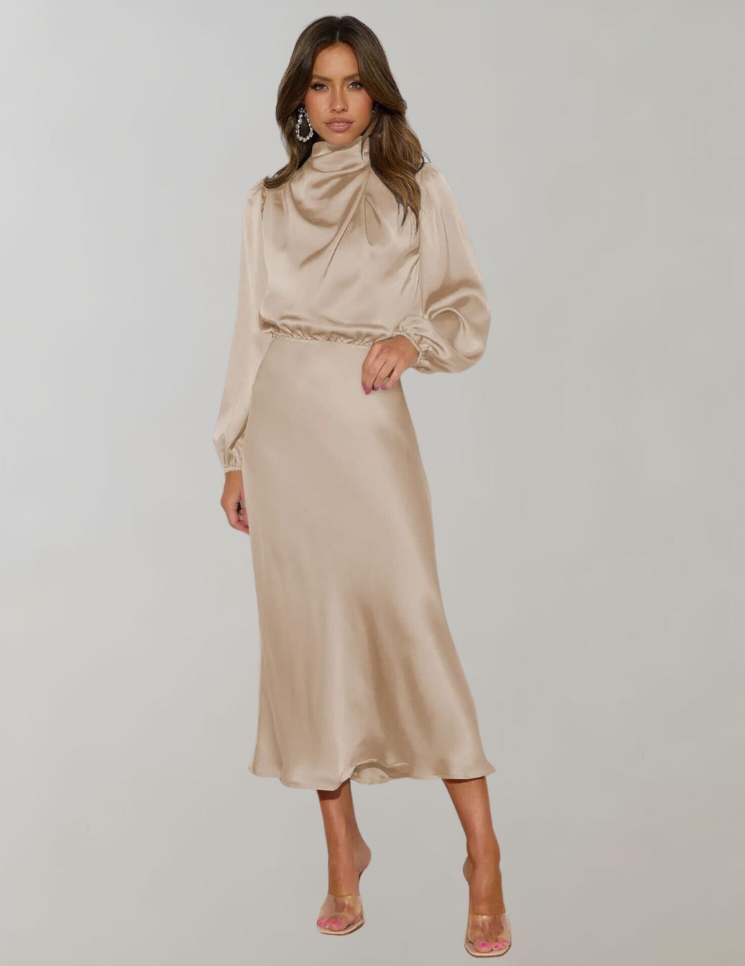 Women’s Long-Sleeve Midi Dress with High Neck and Satin Finish