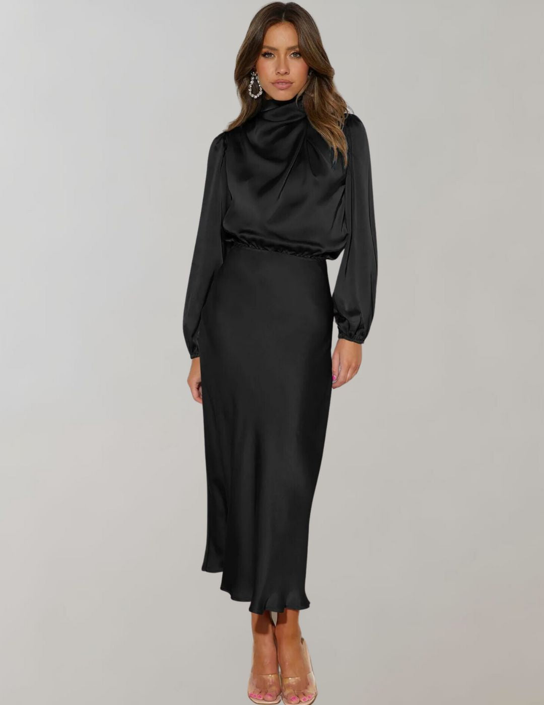 Women’s Long-Sleeve Midi Dress with High Neck and Satin Finish