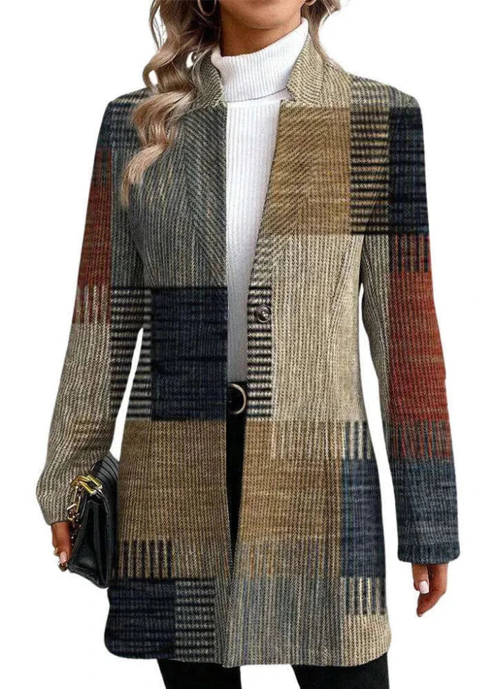 Women’s Long Checkered Blazer with Button Front