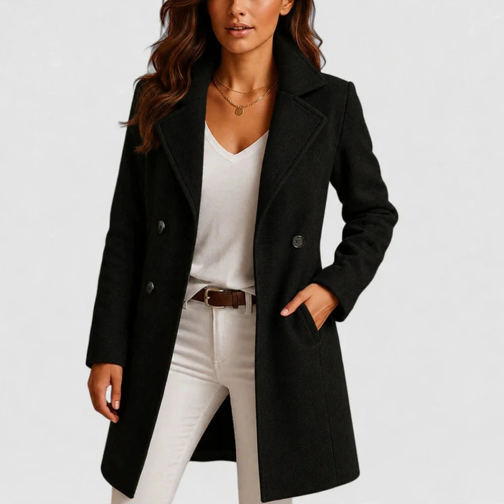 Women's Long Coat with Button Closure and Lapel Collar