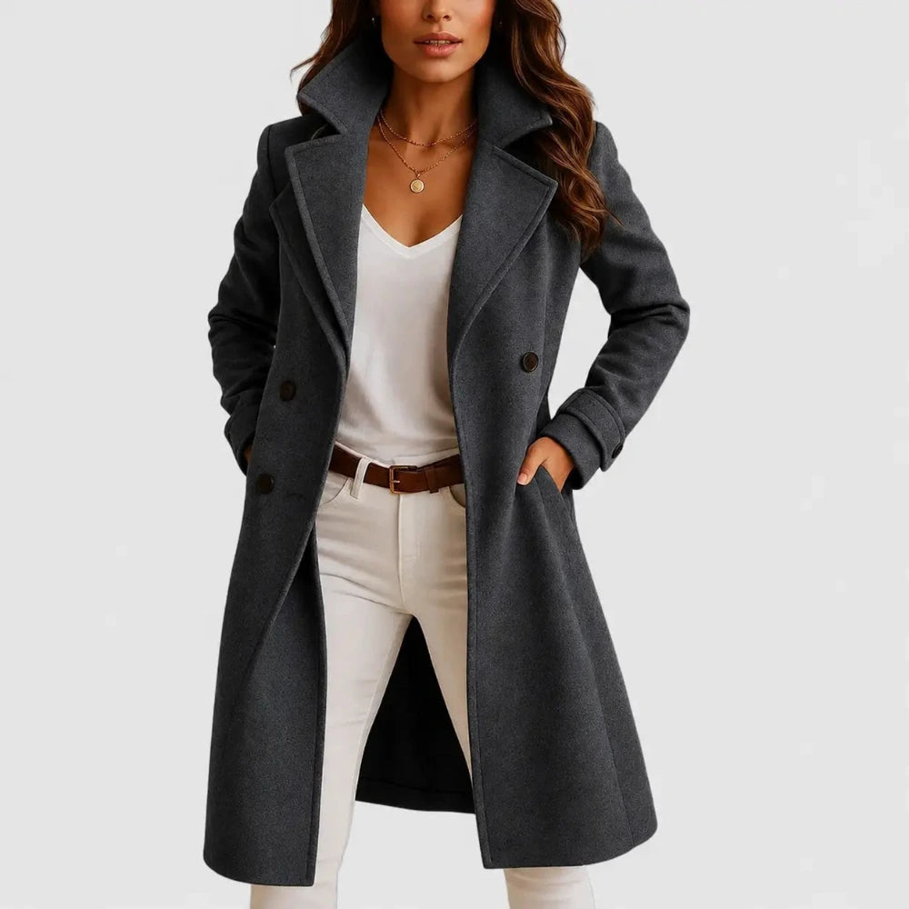 Women's Long Coat with Button Closure and Lapel Collar