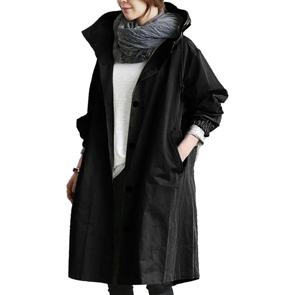 Women's Long Hooded Rain Coat with Button Closure