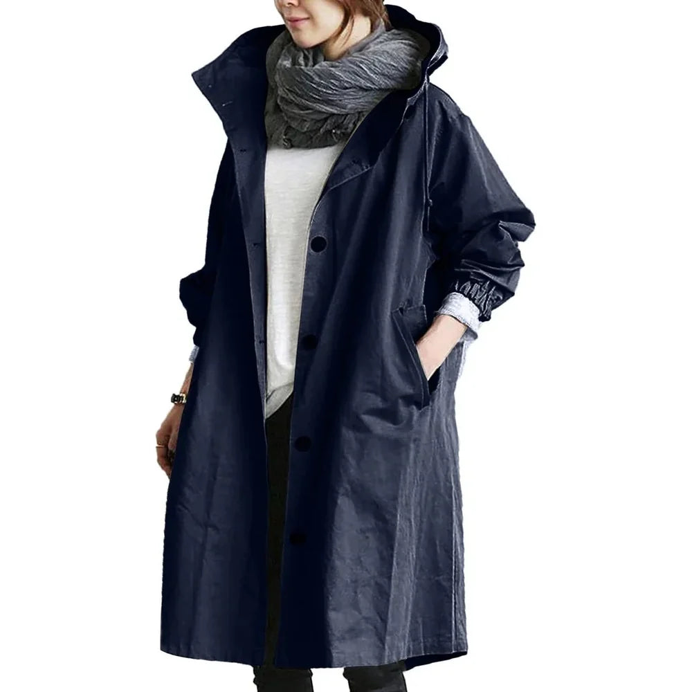 Women's Long Hooded Rain Coat with Button Closure